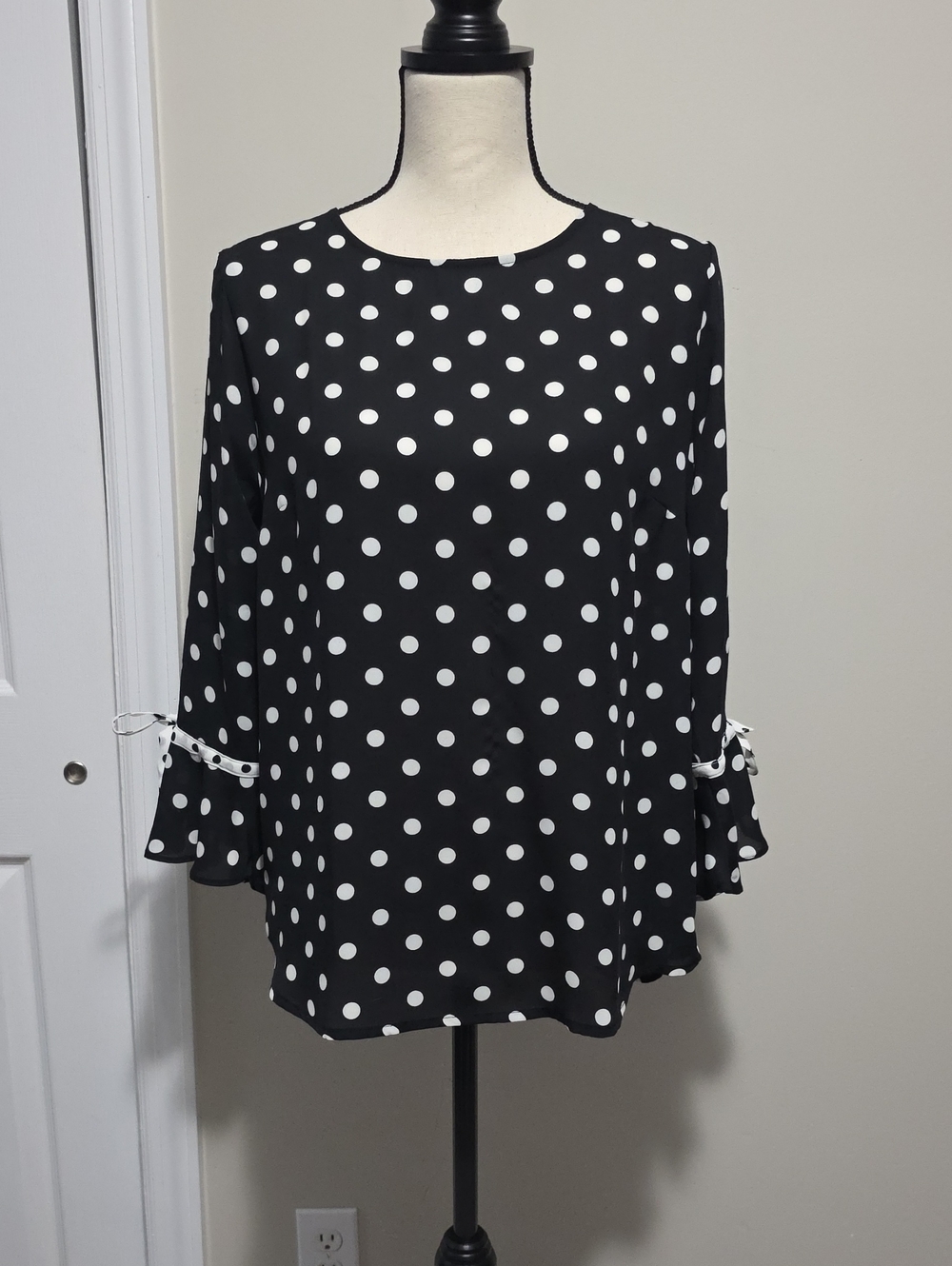 Printemps Polka Dot Tie Flutter Bell Flare Sleeve Shirt Top Medium